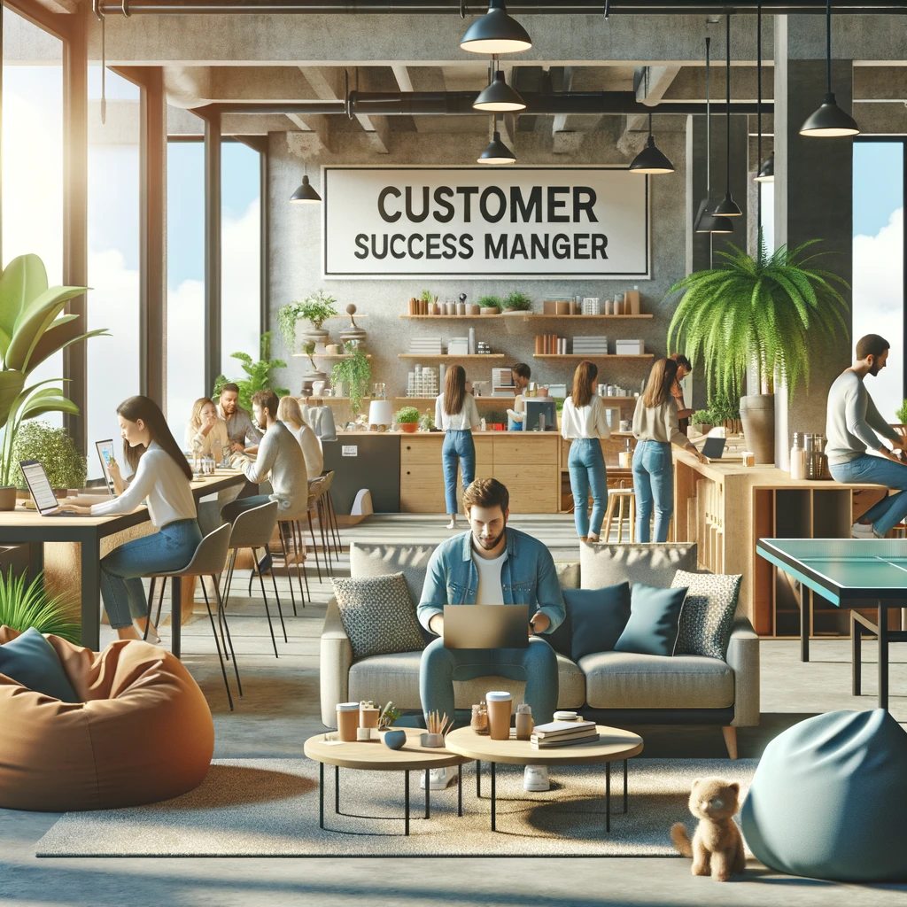 A birds-eye-view of an office, containing coworkers at their desks, working and chatting.